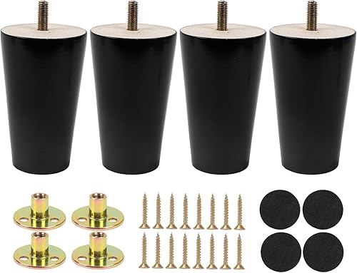 4 pezzi 15 cm Gambe per Mobili in Legno Conico Ferroso per Tavolo Divano Mobili di ricambio con Viti per Piastra di Montaggio e Protezione Antiscivolo, Nero - Honorern