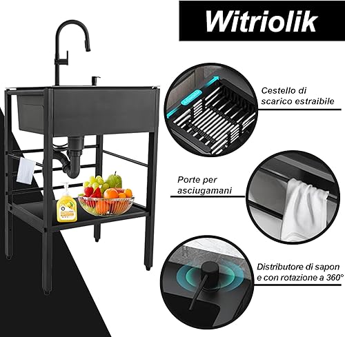 Lavello Cucina Nero con 1 vasca,Lavandino in Acciaio Inox con Scolapiatti,Lavabo con Rubinetto, Autoportante,Lavatoio da Giardino Campeggio,per Interni Esterni(50×40×86cm) - Honorern