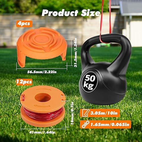 16 Pezzi Filo Tagliabordi Bobine Compatibili con Worx Decespugliatore, Filo Decespugliatore per Tagliabordi Elettrico, ø 1.65 mm e 3 m Lunghezza (12 Bobine Tagliaerba + 4 Copertura Bobina) - Honorern
