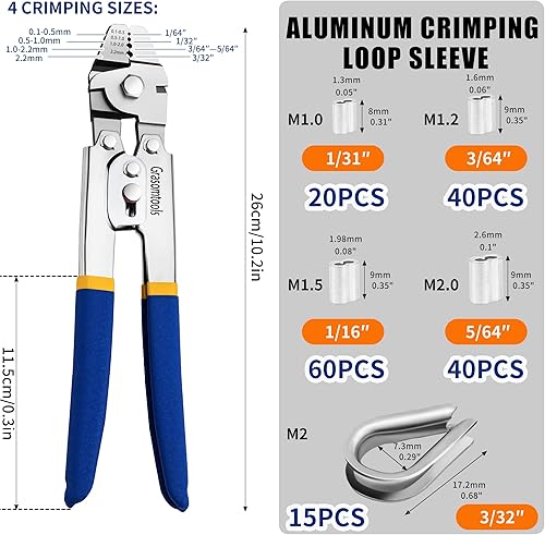 Strumento per la crimpatura di funi metalliche, crimpatura di cavi fino a 2,2 mm con 160 pezzi di alluminio a doppia ghiera e 15 pezzi di acciaio inossidabile. - Honorern