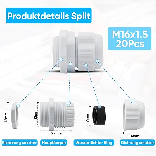 40 pezzi di pressacavo M12 M16 M20 M24 M32 impermeabile con controdado passacavo per cassette elettriche, prese di giunzione per giardini esterni - Honorern