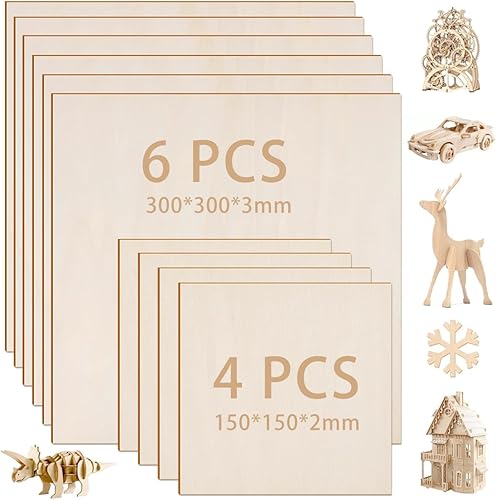 10 Fogli Compensato di Legno di Tiglio, Pannelli Compensato 30cm x 30cm x 3mm, 15cm x 15cm x 2mm, Fogli di Legno di Balsa per Artigianato Fai da Te Pittura Incisione Modellismo - Honorern