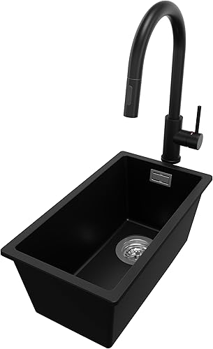 PRIMAGRAN Lavello da Cucina Nero 26x47cm, Lavandino da Cucina a 1 vasca + Sifone Classico, Lavabo da Cucina Incasso al mobile 30cm - London Slim - Honorern