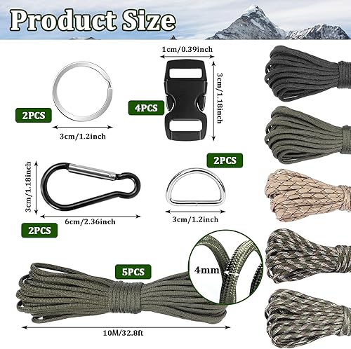 15 Pezzi Paracord Bracciale Kit, 5 Rotoli x 33ft/10m Paracord 4mm 7 Fili, Nylon Corda con Fibbie, Moschettone, Anelli D e Portachiavi per Fai da Te, Campeggio All'aperto - Honorern