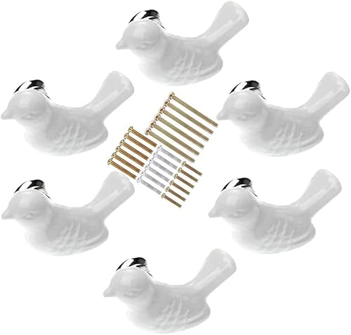 6 Pomoli in ceramica a forma di uccello per armadietti, pomelli per mobili per bambini, pomelli per armadio, maniglie per mobili, Pomelli Cucina con 4 Dimensioni Vite (Bianco) - Honorern