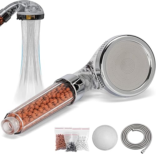 Olliwon Soffione Doccia Anticalcare ad Alta Pressione con Tubo da 1,5 M, Doccetta A Risparmio Idrico Per il Bagno, Sistema di Filtraggio a Tre Livelli con 3 Confezioni di Sfere Minerali Sostituibili - Honorern