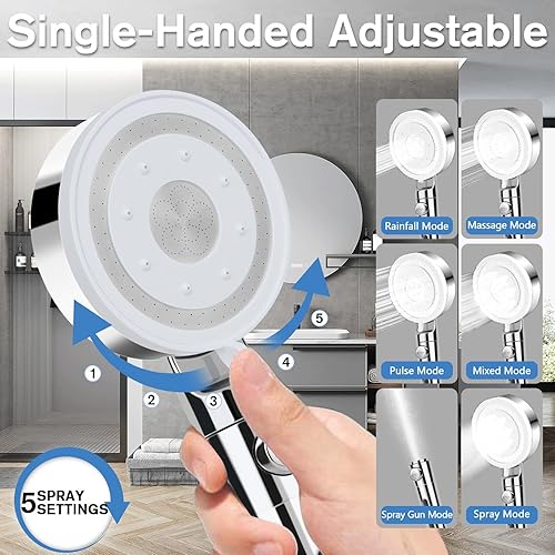 Soffione Doccia, Doccia Soffione Alta Pressione con Tubo 2m, Doccino per Doccia Anticalcare Grande con 5 Tipi di Getto e Pulsante Arresto, Telefono Doccia Universale con Filtro - Argento/Cromo - Honorern