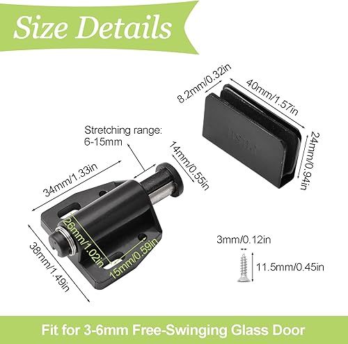 Chiusura magnetica per porta in vetro, set di 4 chiusure magnetiche a pressione per porta in vetro singola, con morsetto regolabile, adatte per porte in vetro oscillanti da 3-6 mm (nero) - Honorern