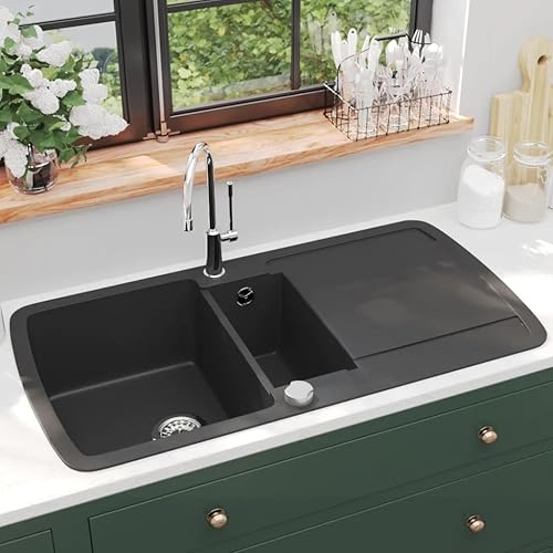 vidaXL Lavello da Cucina in Granito Naturale Stile Contemporaneo Elegante Vasca Doppia Reversibile con Filtro Lavandino Lavabo Beige - Honorern