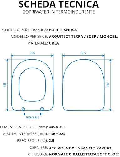 Copriwater per PORCELANOSA ARQUITECT TERMOINDURENTE BIANCO cerniera inox normale o rallentata soft close - Honorern