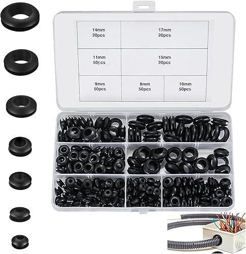 Occhielli in Gomma Nera, 260 Pezzi Passacavo in Gomma Set, Gommini Passacavo Elettrico, 7 Dimensioni di kit di Guarnizioni in Gomma, Passacavi in Filo di Gomma Occhiello, per Cavi, Tubi per Cavi - Honorern