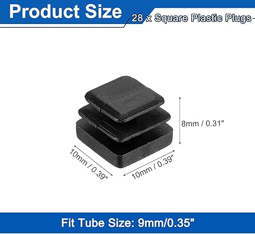 sourcing map 28 tappi quadrati in plastica, 10 x 10 mm, tappi terminali per tubi quadrati da 9 mm, per gambe di sedie e mobili, colore nero - Honorern