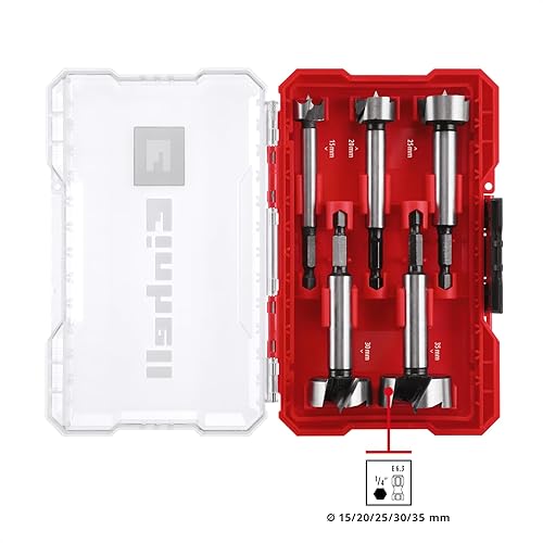 Set di punte Forstner originale Einhell M-CASE da 5 pezzi (in acciaio C65, gambo E 6,3, tagliente trasversale, punta di centraggio, forma della testa conica, tagliente chiuso su 4 lati) - Honorern
