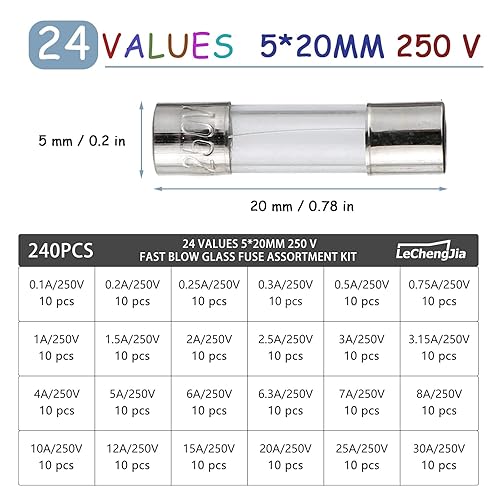 240 Pezzi 24 Valori Fusibili di Vetro 5x20mm, Kit Assortito Fast-Soffiare, Azione Veloce, 0.1-12A - Honorern
