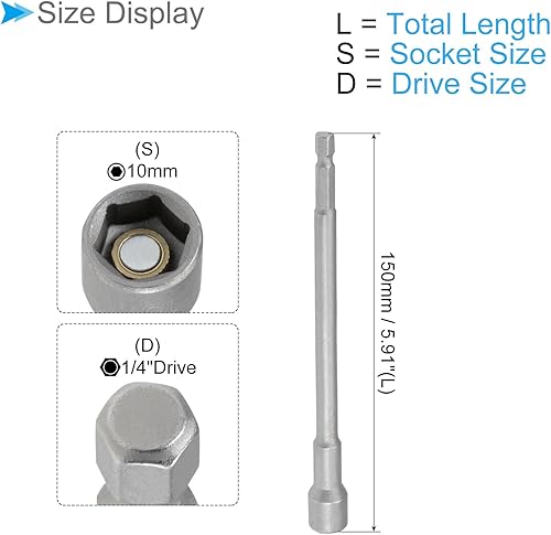 Driver Incastonare Dadi Magnetica, Presa 10mm Attacco Esagonale 1/4', Chiave a Bussola Lunga in Acciaio CR-V - (Applicazioni: per Riparazione Parti Auto) - Honorern