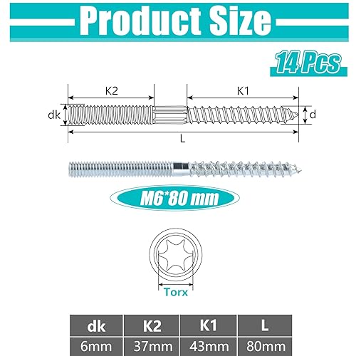 14 Pezzi Doppia Filettata Viti M6 X 80 mm con Azionamento Torx, Vite A Doppia Estremità in Acciaio Inox Zincato, Vite A Doppio Filetto, Bulloni A Doppia Testa per Viti Da Legno, Staffe Metalliche - Honorern
