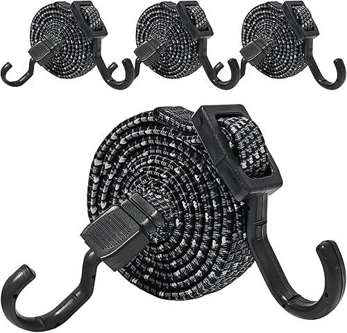 Corde Elastiche Con Gancio, 4Pcs 120Cm Lunghe Corde Bungee Cinghie Elastiche Per Impieghi Gravosi Riflettente Bungee Di Grado Industriale Per Fissare Teloni Bagagli Tende Biciclette Nero - Honorern