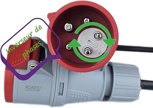Adattatore di alimentazione industriale CEE 16A con invertitore di fase - Da spina 16A a presa 16A - Prolunga 0,5m. Ideale per officina, garage, giardino o cantiere - Honorern