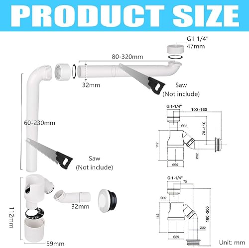 Vmxlso G 1 1/4 Inch Sifone Lavabo Bagno, Sifone Salvaspazio Lavabo Bagno, Universale Sifone Lavandino Cucina, Regolabile Sifone da Cucina Lavello, Sifone Lavandino Bagno, Scarico Lavandino Bagno - Honorern
