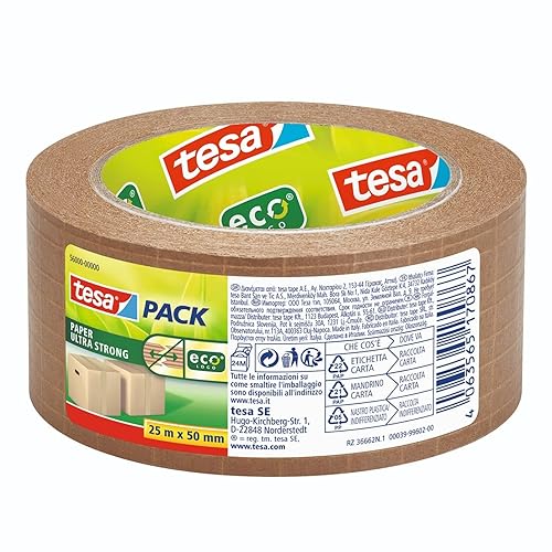 tesapack PAPER ULTRA STRONG ecoLogo, Nastro per pacchi extra forte rinforzato con fibra di vetro, in carta riciclabile prodotta con materie prime certificate FSC, 25 m x 50 mm - Honorern