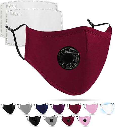 Behelfs - Paradenti per bocca e naso con filtro, valvola | maschera rossa e diversi colori | maschera per il viso lavabile con passanti regolabili | interno in cotone (valvola, rosso scuro) - Honorern