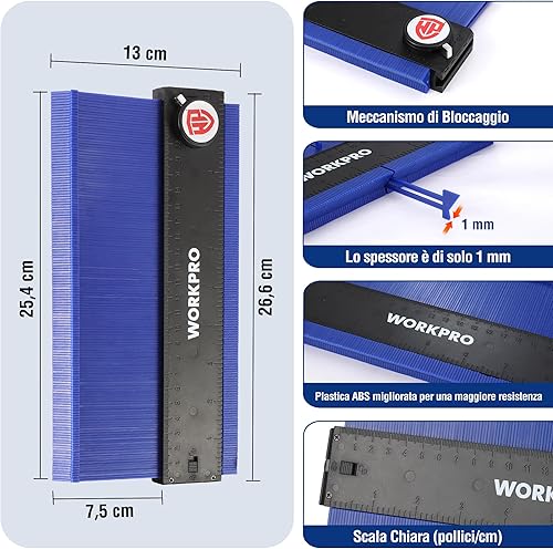 WORKPRO Calibro per contorni con blocco (25+25 cm), set da 2 pezzi, duplicatore di profili collegabile con sistema di bloccaggio, per copiare forme irregolari con precisione - Honorern