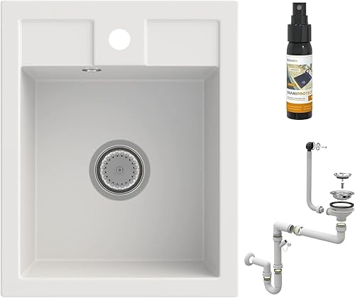 Lavello Cucina - Lavabo Cucina con Sifone Cromati + Impregnante 30 ml - Lavandino Cucina - Lavello Cucina 1 Vasca - Lavello 40x50 cm con Fori Preforati in Materiale Granito - Bianco - Honorern