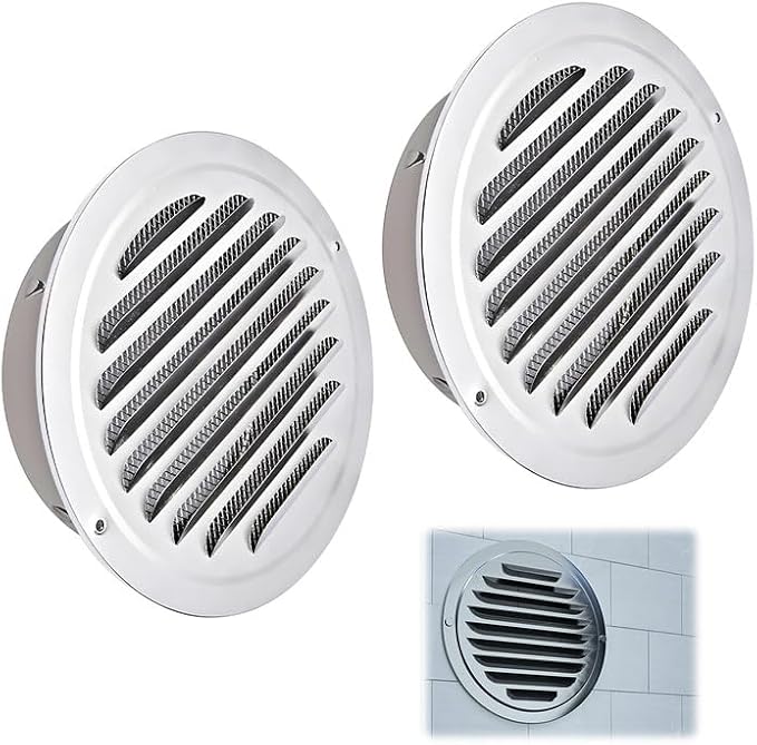 2 Pezzi Griglia Ventilazione Rotondo in Acciaio Inossidabile, Griglia Aerazione 100mm, Griglia di Ventilazione con Rete Anti Insetti e Flangia, per Garage, Bagno, Cucina, Ventilatori, Parete - Honorern