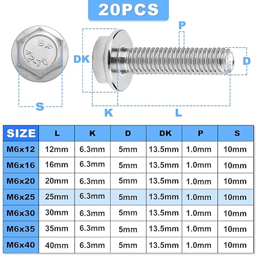 20 viti esagonali flangiate M6 x 25 mm, in acciaio inox, completamente filettate - Honorern