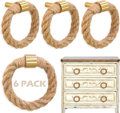 EureKaEr 6 maniglie per cassetti nautici in ottone dorato, monoforo, in iuta e corda, per mobili nautici - Honorern