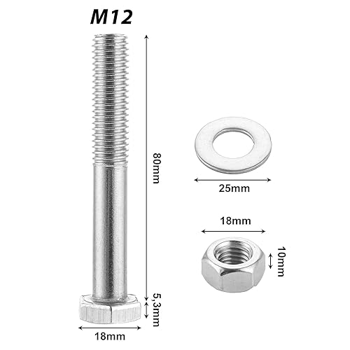 15 viti esagonali con dadi di sicurezza e rondelle M12 x 80, bulloni esagonali, viti a testa metrica, adatte per lavori di costruzione in metallo - Honorern