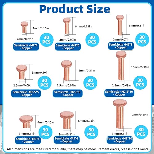 270 rivetti solidi a testa piatta M2 M2.5 M3, 9 dimensioni, in metallo e rame, rivetti solidi per applicazioni elettriche, forniture per la lavorazione della pelle - Honorern