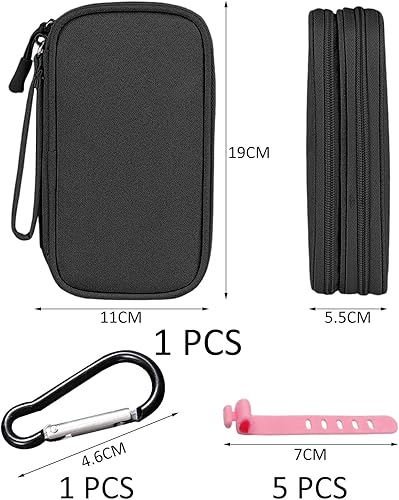 1 borsa per accessori a doppio strato, 6 fascette per cavi, 1 moschettone, borsa per il trasporto con doppia cerniera, mini borsa da viaggio, custodia per archiviazione digitale (nera) - Honorern