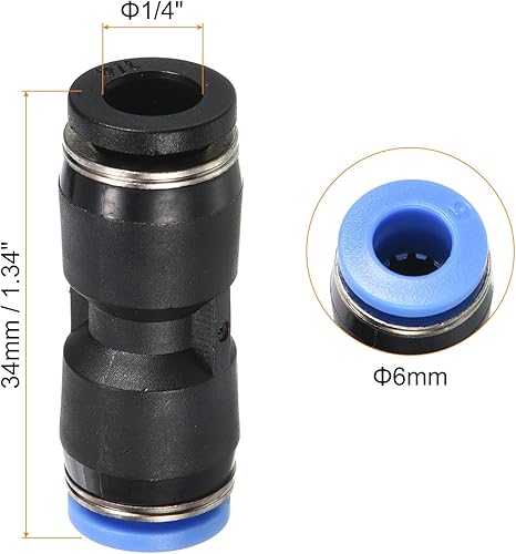 PATIKIL 1/4' a 6mm Riduzione Connessione a Pressione Aria Tubo Raccordo, 2pz Dritto Unione Riduttore Pneumatico Rapida Connessione Raccordi, Nero & Blu - Honorern