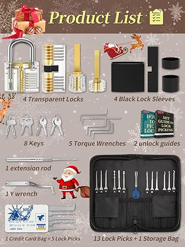 38 Pezzi Set Grimaldelli, [2022 Aggiornamento della Difficoltà] Set Fabbro con 4 Trasparente Serratura Lucchetto con Borsa e Istruzioni, Lockpicking Set per Fabbri Principianti ed Esperti - Honorern