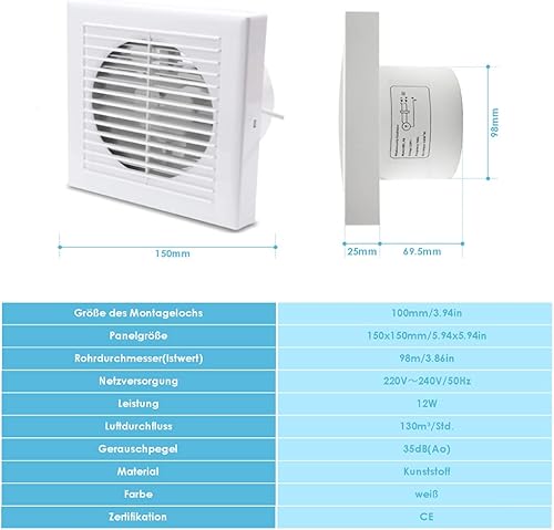 Ventilatore Aspiratore d'aria silenzioso da 100 mm con sensore di umidità, per bagno, WC, cucina, bianco - Honorern