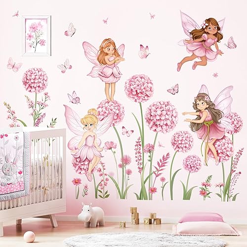 Adesivi Murali Fata Ragazza Fiori Rosa Adesivi da Parete Dente di Leone Fiore Farfalla Elfi Decorazione Murale Camerette Bambini Camera da Letto Asilo Nido - Honorern