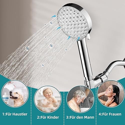 Soffione doccia con tubo 1,5 m, soffione doccia grande, a risparmio idrico ad alta pressione, con 3 tipi di getto - Honorern