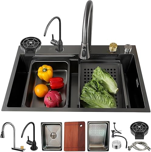 Grande lavello in acciaio inox, 80 x 50 cm, con effetto cascata, per cucina e bar, realizzato a mano, con accessori completi, robusto lavello da lavoro - Honorern