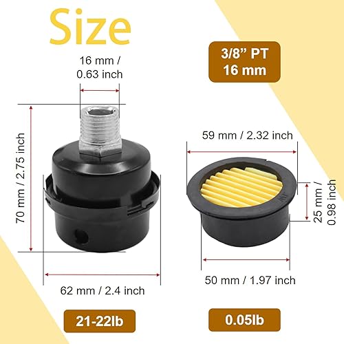2 Pezzi Silenziatore Compressore Aria a Filetto, Silenziatore per Filtro Aria Nero in Metallo, 3/8' 16MM, Silenziatore Compressore Aria a Filetto, per i Filtri dei Compressori D'aria - Honorern