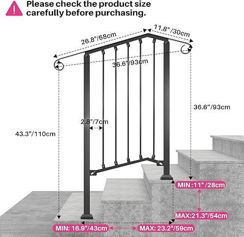 Redlife Corrimano per Scale Esterne, Corrimano Scale per 3-4 Gradini, Corrimano Regolabile per Portico, Ringhiera per Scale per Portico, Ringhiera per Scale in Ferro Battuto (Nero, 3-4 gradini) - Honorern