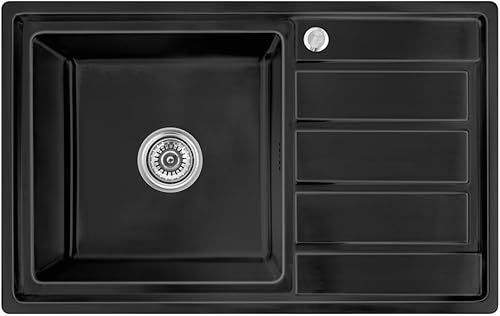 Lavello da incasso, 80 x 50 x 21, in acciaio inox 304, spessore del materiale 0,9 mm, rettangolare, 1 scolapiatti R16 (scolapiatti sinistro, argento) - Honorern