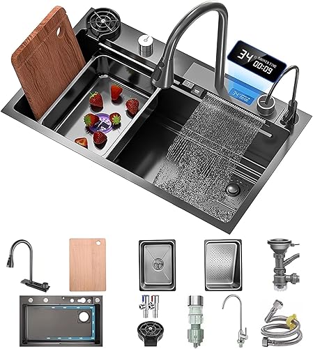 80x45cm Lavello da cucina a cascata in acciaio inox con display digitale rubinetto a ciotola singola lavello multifunzione con 2 vaschette di scarico, tagliere,Rondella per tazze, set di scarichi - Honorern