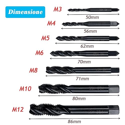 Mesee 7Pz Maschi a Filettatura Elicoidale HSS, Maschio per Filettare Metrico Filettati a Macchina in Acciaio Rapido Rivestimento in Nitruro Strumento di Filettatura Assortimento M3 M4 M5 M6 M8 M10 M12 - Honorern