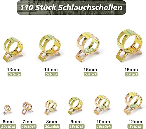 110 Pezzi Fascette Stringitubo a Molla, 6/7/8/9/10/12/13/14/15/16 mm Clip per Tubo Flessibile per Carburante, Morsetto a Molla, Morsetti per Tubi Flessibili per Tubo Di Vuoto - Honorern