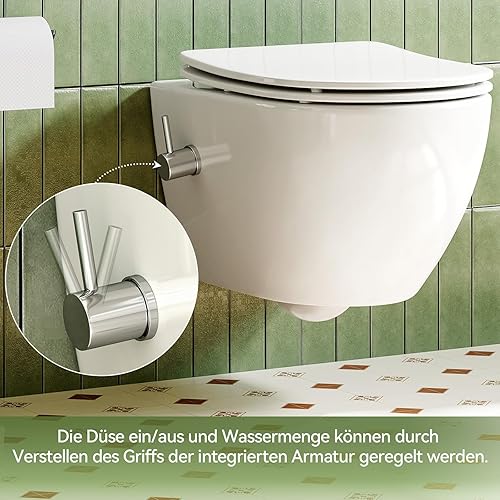 WC con ugello integrato, WC sospeso con funzione bidet, WC con rivestimento nano-rivestimento, WC con rubinetto, sedile WC con abbassamento automatico, 53 x 36 x 35 cm - Honorern