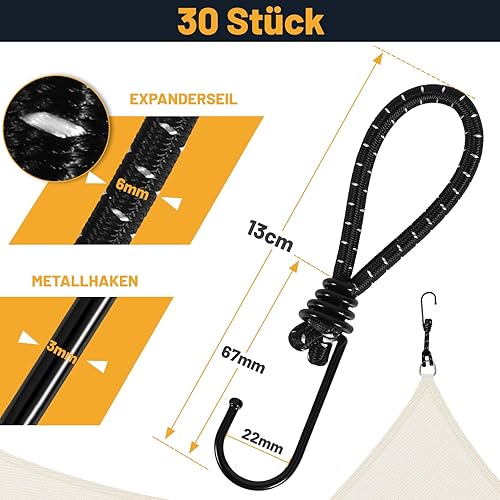 30 elastici con ganci, estensori con ganci, 13 cm, resistenti ai raggi UV e antiruggine, con ganci, adatti come ganci di serraggio, anelli di espansione per striscioni fissi, tende, teloni e - Honorern