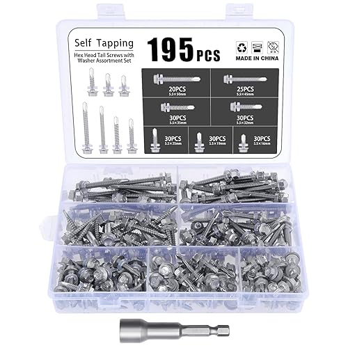 195 Pezzi Viti Autoperforanti a Testa Esagonale, 5,5 x 16-50 mm Viti Autofilettanti Acciaio Inox Viti Autoforanti Testa Esagonale, Viti Autofilettanti Metallo con Bussole per Avvitatore - Honorern