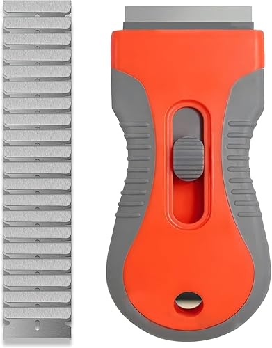 Set di Strumenti Per Raschiare, Raschietto Per Pulizia Stufa in Plastica in 1 Pezzo con 20 Lame Metalliche, Strumento Per Pulizia Raschietto Per Finestre in Plastica (Arancione) - Honorern