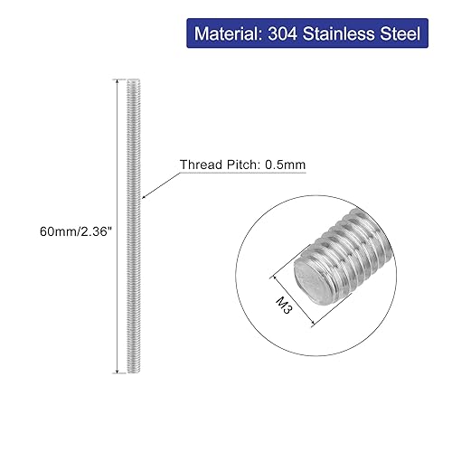 8pz Asta Filettata Intera, M3 x 60mm Acciaio Inossidabile 304 Borchie Barra Filettatura Destra M3-0.5 Filo di Pece per Assemblaggio Mobili Macchinari - Honorern